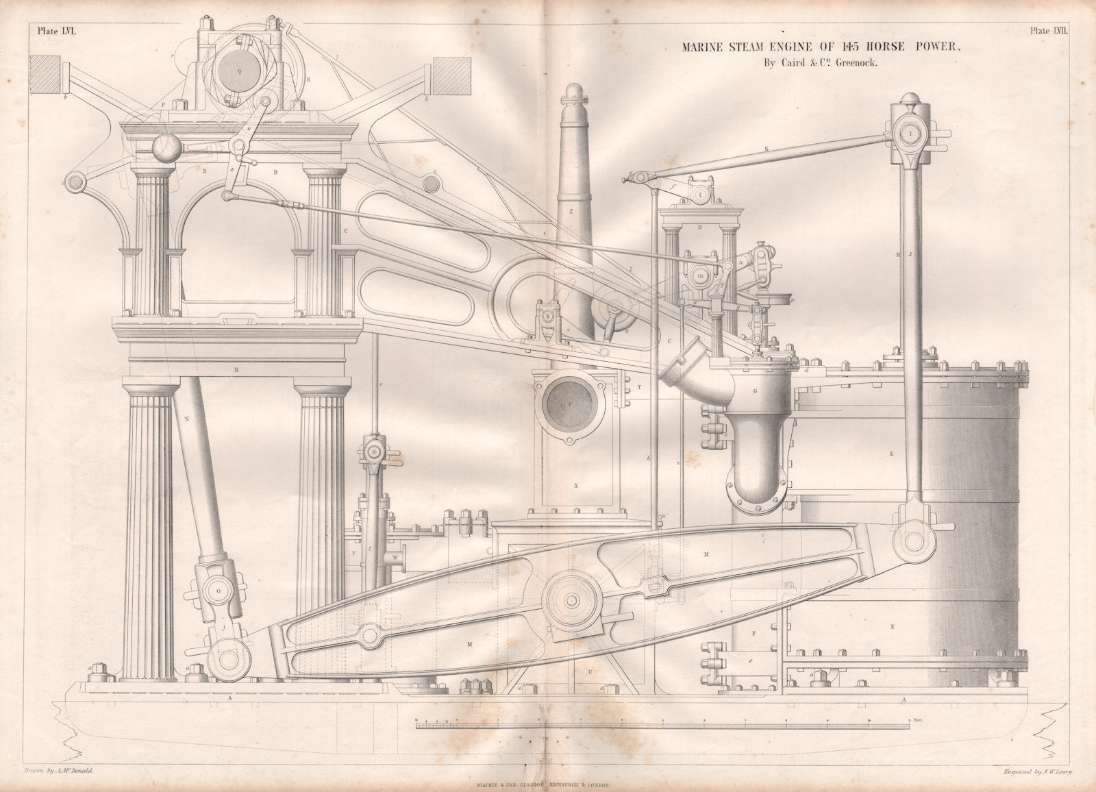 19C ENGINEERING DRAWING. 145 HP marine steam engine. Caird & Co. Greenock 1 1847